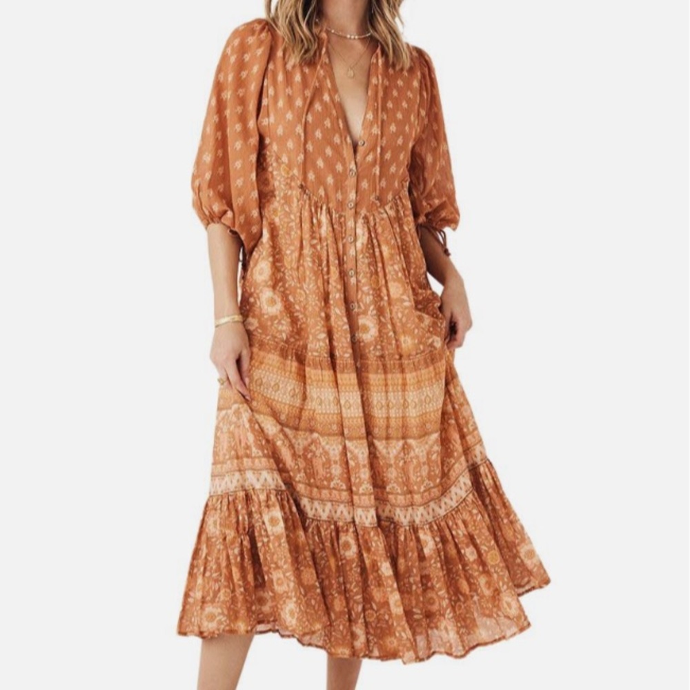 Spell & The Gypsy Utopia Short Sleeve Midi Dress In Cinnamon Small NWT